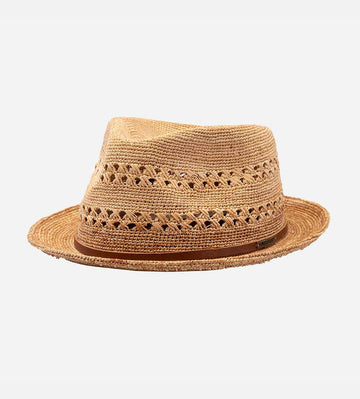 AARON Raffia Vented Straw Fedora Hat Short Brim Burlywood