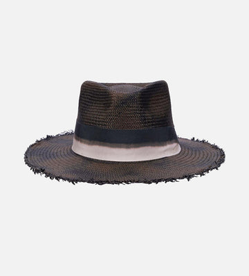 SABURI Panama Vintage Straw Fedora Wide Brim Vintage Black