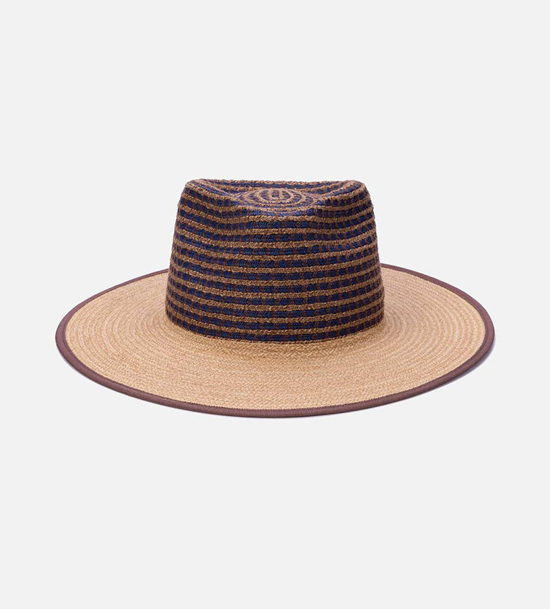 FERNAND Raffia Hemp PP Fedora Mens Wide Brim Sun Hat Blue&Natural