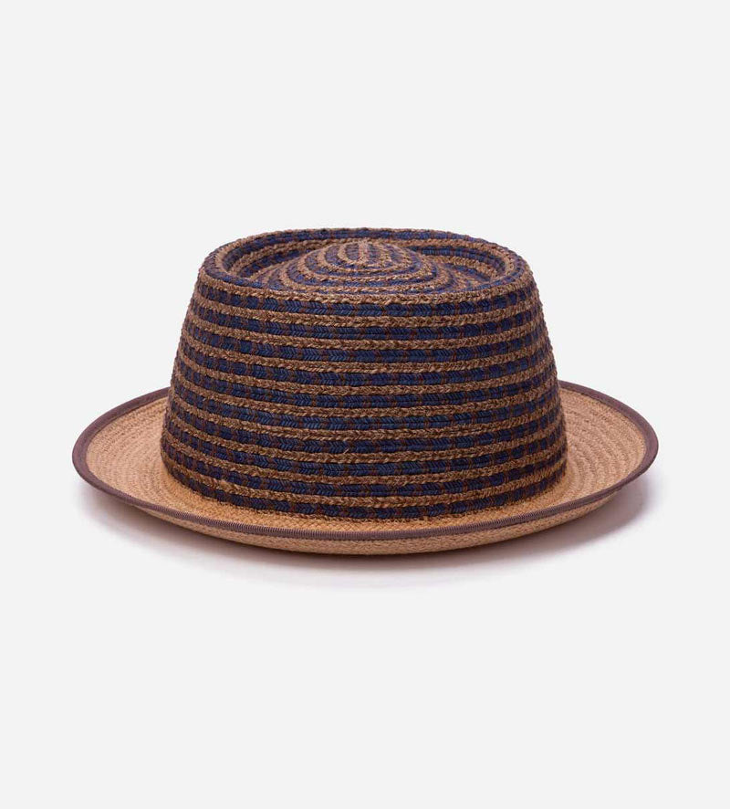 ALBATROSS Raffia & Hemp Pork Pie Short Brim Round Straw Hat Blue-Natural